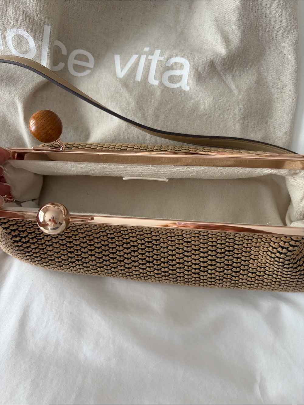 Dolce Vita Beige Woven Clutch with Rose Gold Frame and Wooden Bead - Picture 4 of 4
